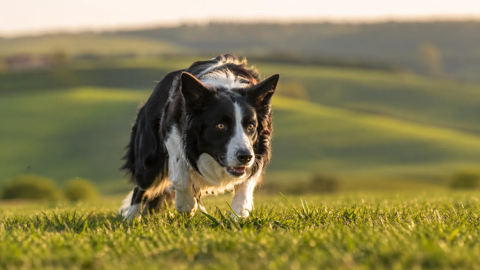 Czarno-biały Border Collie skupiony nad piłką na zielonej łące, uszy uniesione, typowe dla rasy intensywne spojrzenie.