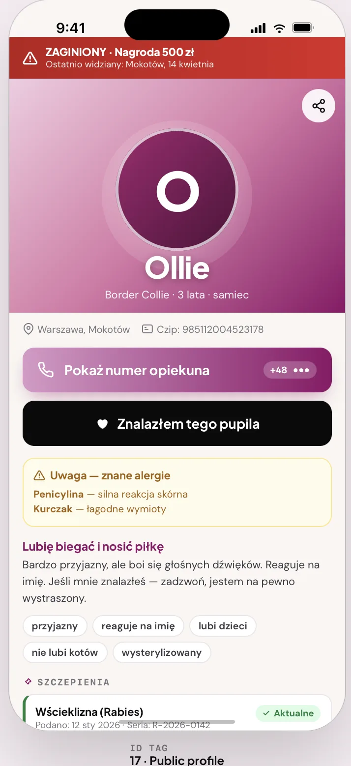 Profil zaginionego pupila w aplikacji Pacjent.vet
